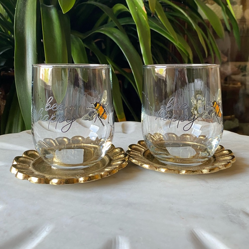 Pair of Bee Happy Bumblebee Stemless Wine Glasses - Short Tumbler Cocktail Set